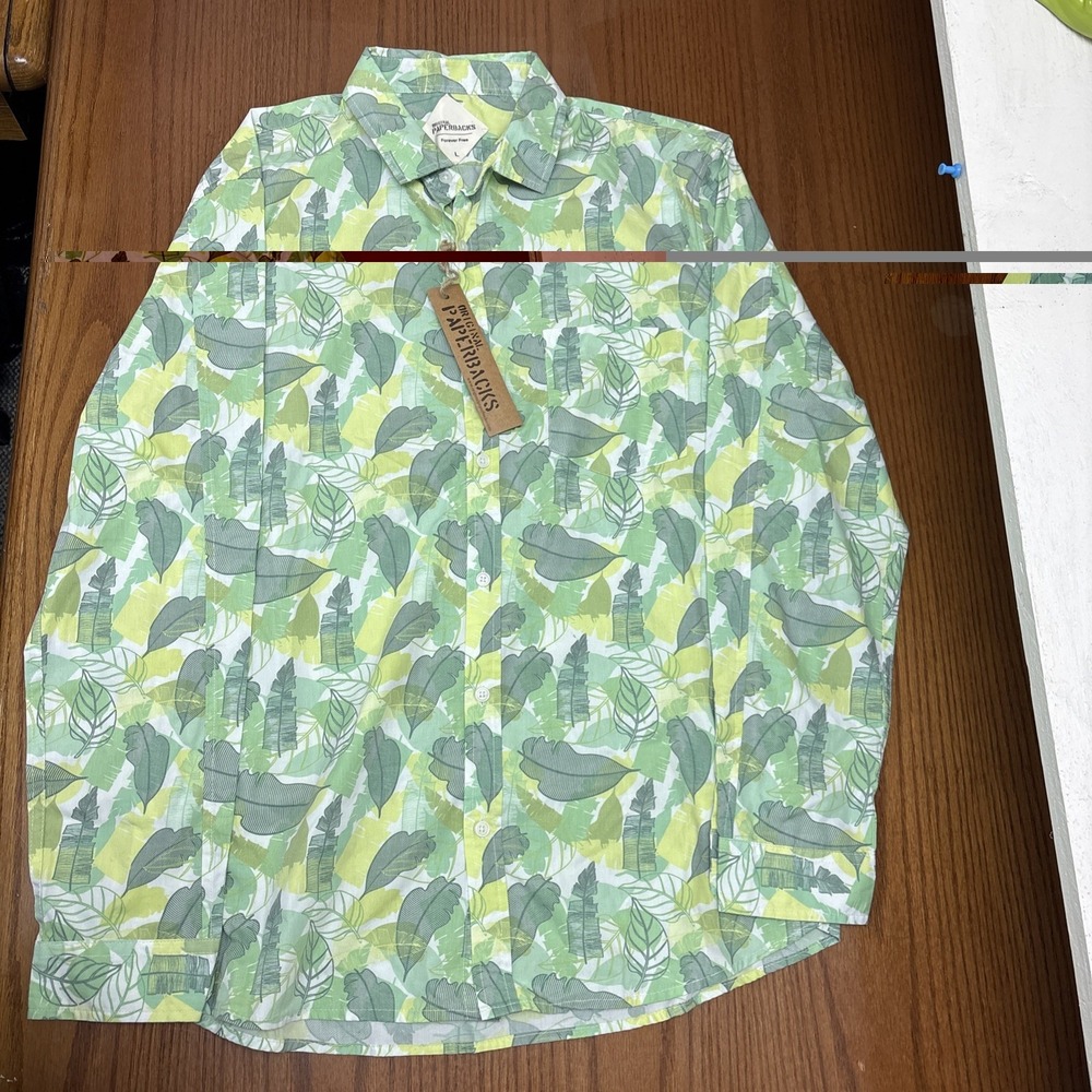 Original Paperbacks Mens L Green Palm Leaf Print Long Sleeve Button Down Shirt